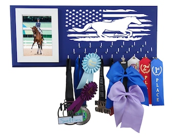 Equestrian medals and ribbons holder - Horseback Riding - US Flag  - display and organize all your awards on this wall hooked on hanger