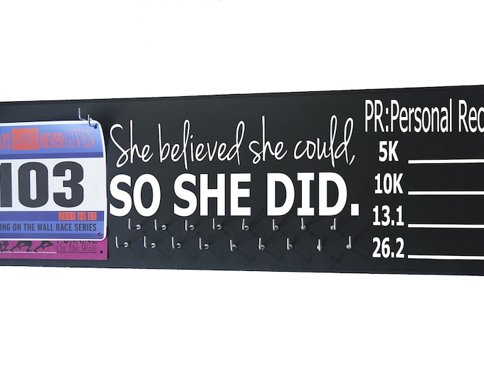 Chalk it Up Collection - She believed she could so she did on a chalkboard medal holder - Write your own PR or PB on your display hanger