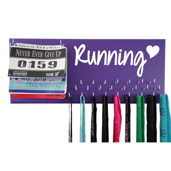 RunningontheWall Valentines Day Runners Medal Rack and Bib Hanger Valentines Gift for Running Couples Family and Loved Ones .and They Ran Happily Ever After Double Race Bibs Medal Holder Design 