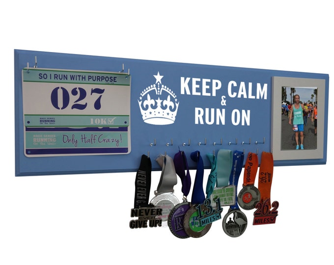 Medals and bibs display - running medals and race bibs holder - running medals and race bibs hanger - Keep calm and run on