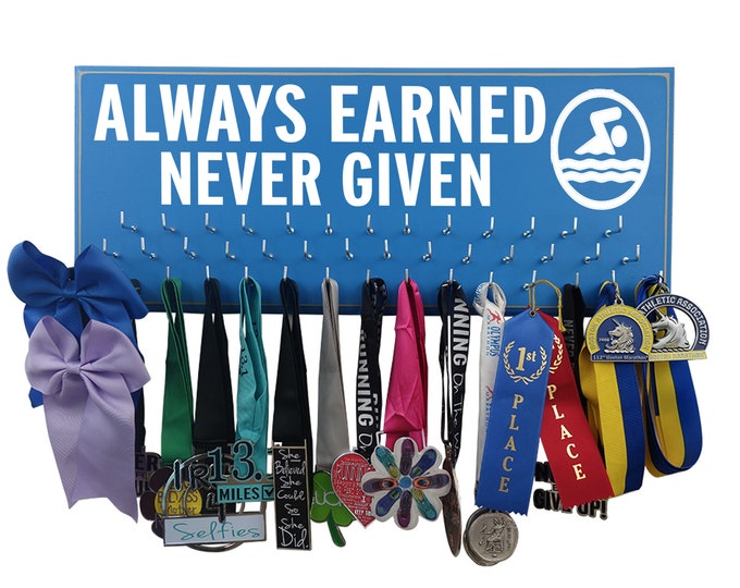 swimming medal holder, Always Earned Never given, Swimming, Just keep swimming, swimmer, swimming pool, award, ribbons, gifts, swim logo