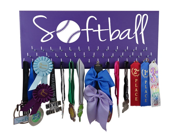 SOFTBALL medals holder, display and organize all your medals and awards from games on this hooks rack & wooden hanger - Softball player gift