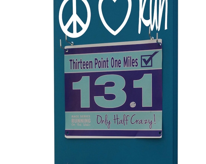 race bibs holder, peace love run. Piece sign logo with heart logo and script word run, gifts for runners