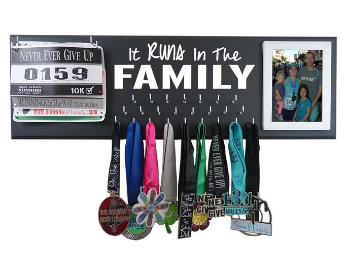 Running medal holder with race bibs and picture frame, It runs in the family, race bib display for 5K, 10K, half-marathon & Maraton