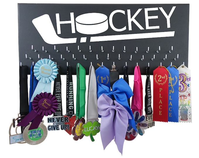 Hockey medals holder, display and organize all your medals and awards from games on this hooks rack & wooden hanger - HOCKEY gift