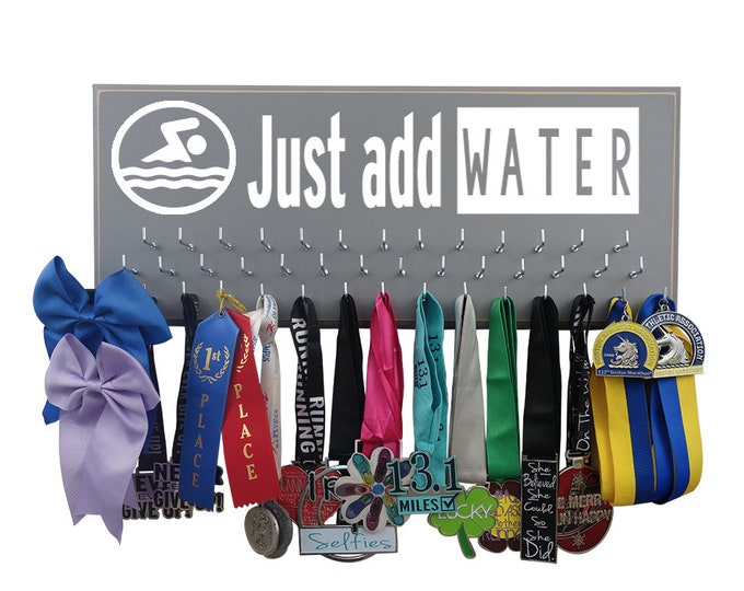 swimming medal hanger, Just add water, Swimmer's gift to display medals