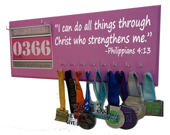Race bib  medal holder, medal hanger, gift for her bible for runner, I can do all things through Christ who strengthens me. Philippians 4:13