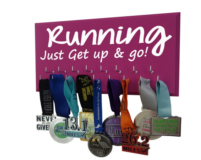 RUNNING just get up and go, running medals hanger exclusive gift for runners. Display all your medals