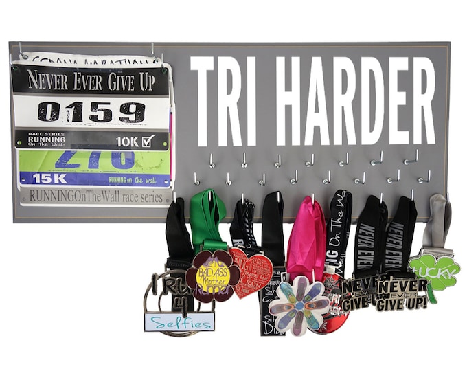 triathlon: Triathlon medal display in 10 color choice - Tri harder, triathlons related inspiring quote, swim.bike.run, medal holder, gift