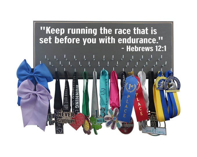 Running medal and race bibs - Keep running the race that is set before you with endurance. Hebrews 12:1, Gifts for runners