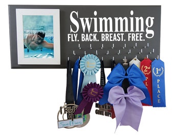 swim medal holder, Swimming: fly back breast free, competitive swimming, award, ribbons, gifts, hanger display rack