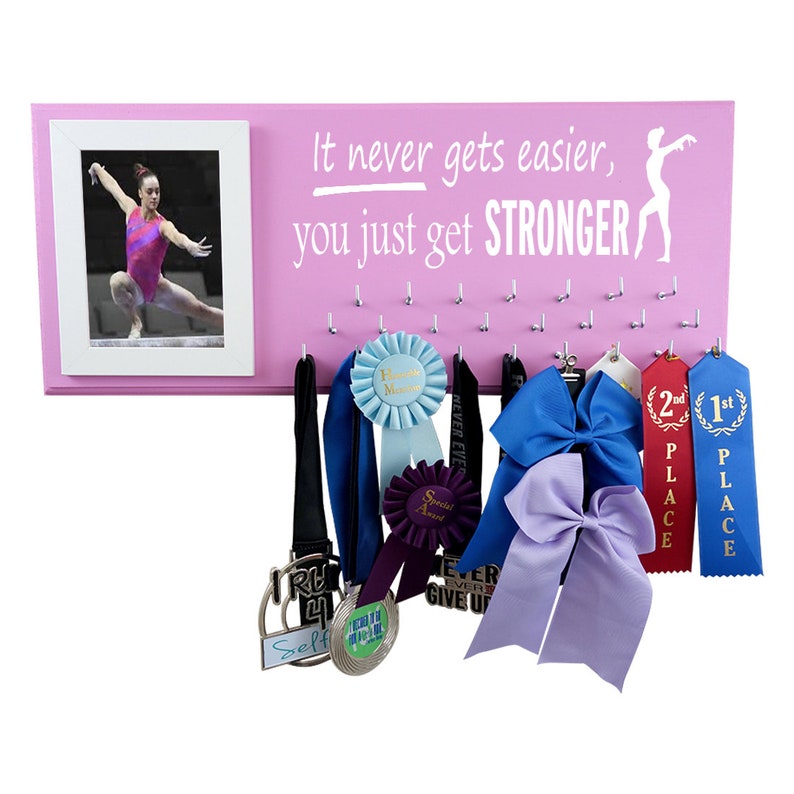 Gymnastics award holder, ribbon hanger, Medal Display Rack for gymnast, Gifts for gymnast, It never gets easier, you just get stronger. image 1
