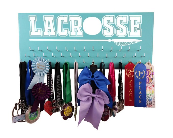 Lacrosse medals holder, display and organize all your medals and awards from games on this hooks rack & wooden hanger - LACROSSE gift