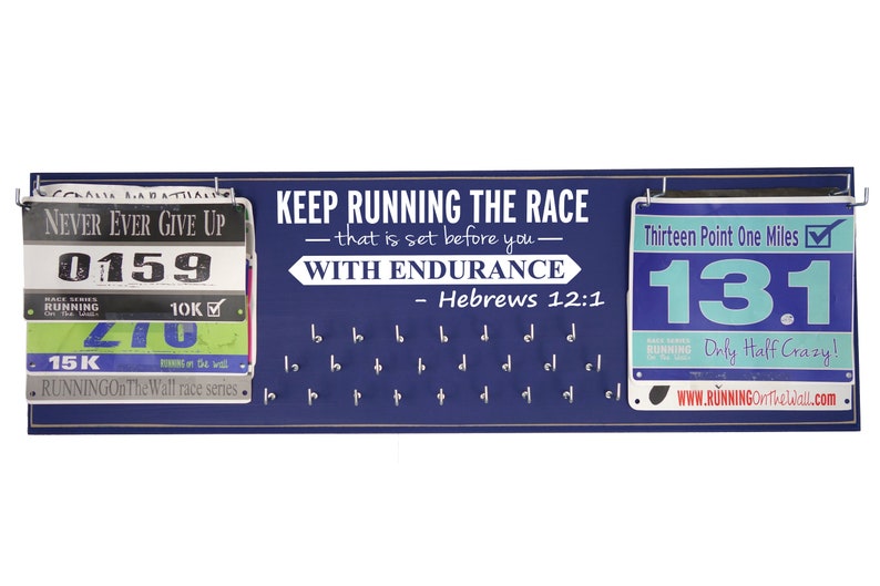 Running medal holder Running medal rack Race medal Display Race bib hanger Half Marathon Gifts Keep running the race..Hebrews 12:1 image 3