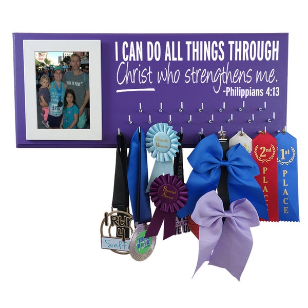 Running, Gifts for runners Running medal holder, race bib hanger, 5K, 10K, Half and full marathon, I can do all things… Philippians 4:13,