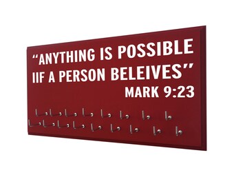 Inspirational gift for runners: Anything is possible if a person believes. -Mark 9.23 medal holder