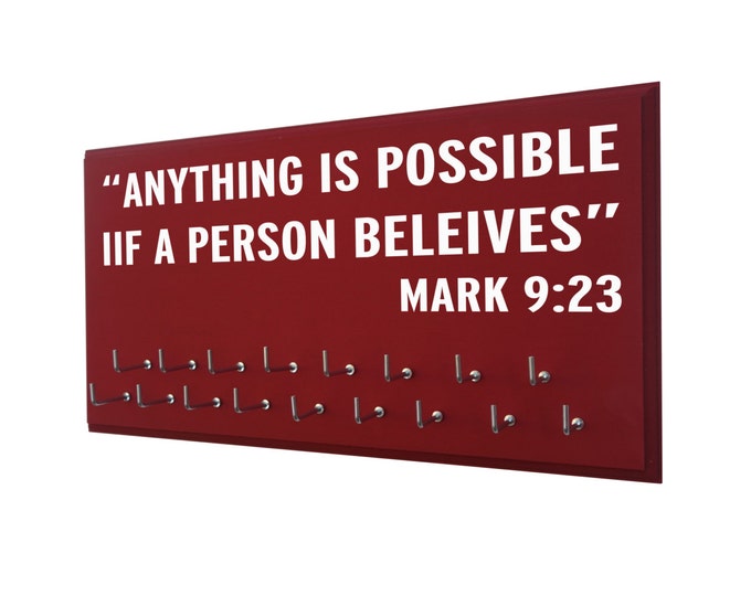 Inspirational gift for runners: Anything is possible if a person believes. -Mark 9.23 medal holder