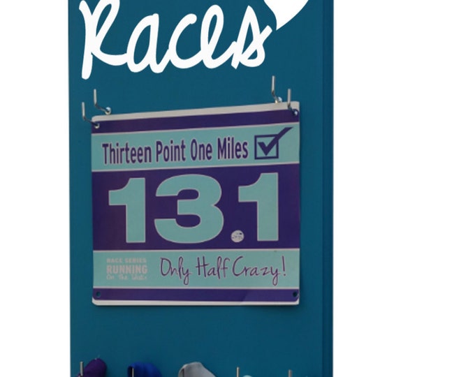 Running Races bib and medal holder - race bibs and running medals - Races heart logo in script letters.