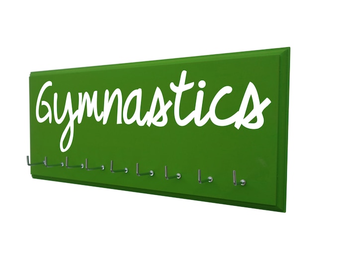 Gymnastics wooden hooks to display all your medals, awards and ribbons. Use this holder hanger to make the perfect gift for girls gymnast.