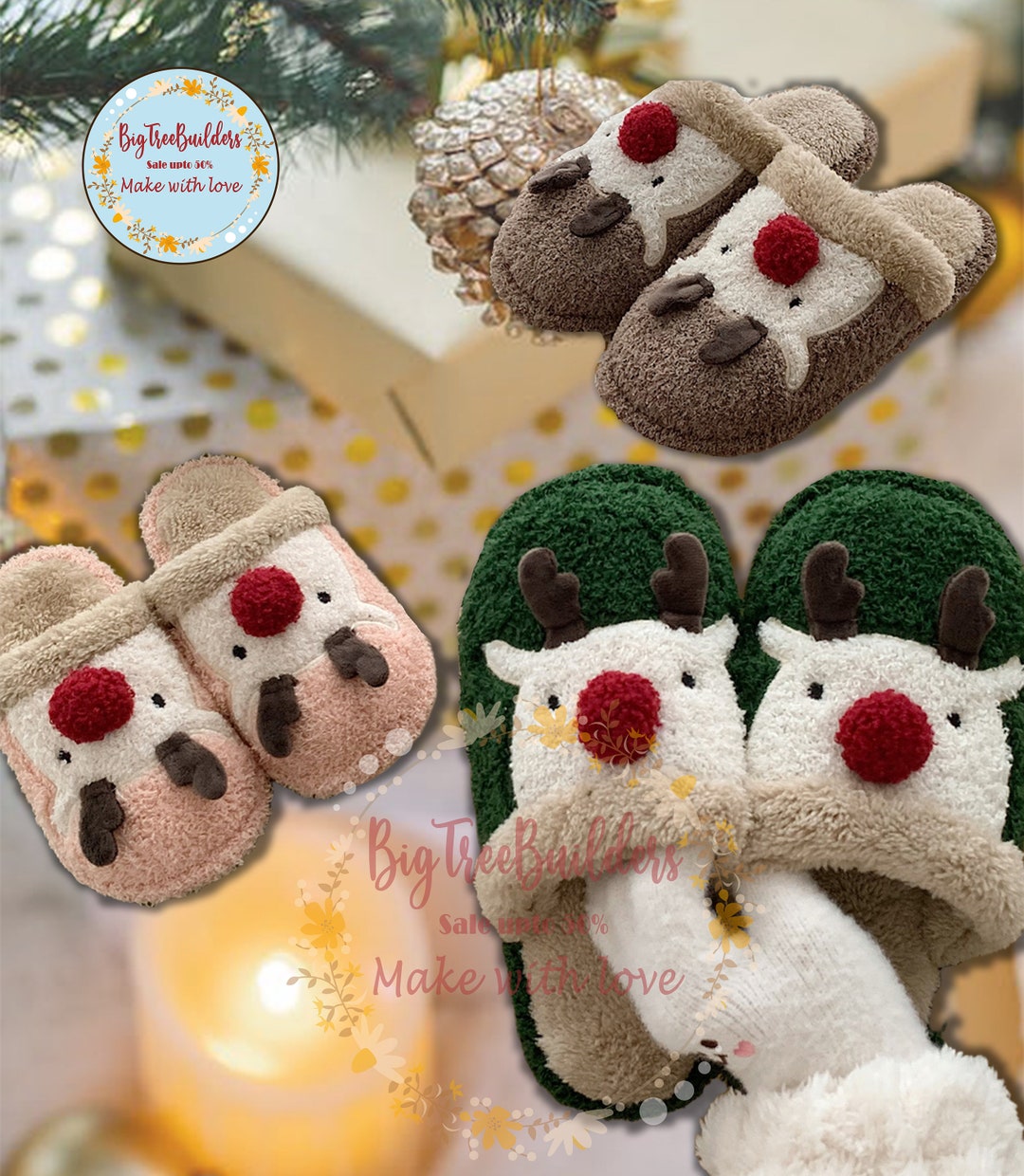 Cute Animal Fur Slippers Reindeer Slippers Christmas Cotton Etsy