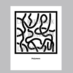 Könnte beinhalten: Ein schwarz-weiß Kunstdruck mit einem quadratischen Rahmen, gefüllt mit verschlungenen, dicken schwarzen Linien. Das Wort "Polymers" ist in Schwarz am unteren Rand auf weißem Hintergrund gedruckt.
