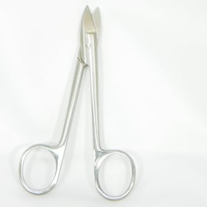 May include: A pair of silver surgical scissors with sharp points and a closed loop handle on each side.