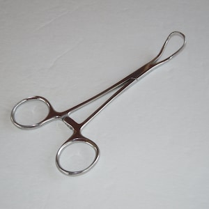 May include: A silver surgical clamp with two rounded ends and a curved handle.