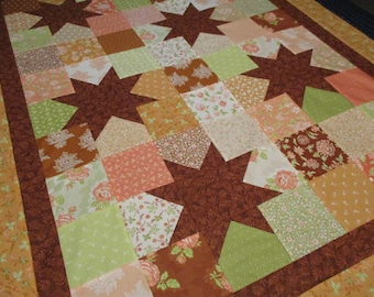 Edredón con estrellas color canela y crema, patchwork floral (41,5 x 55,5)