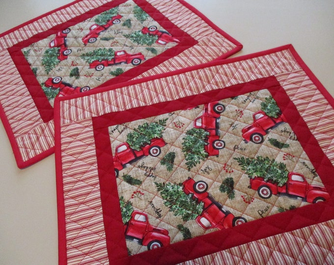 Quilted Placemats Farmhouse Placemats Red Truck Placemats Christmas