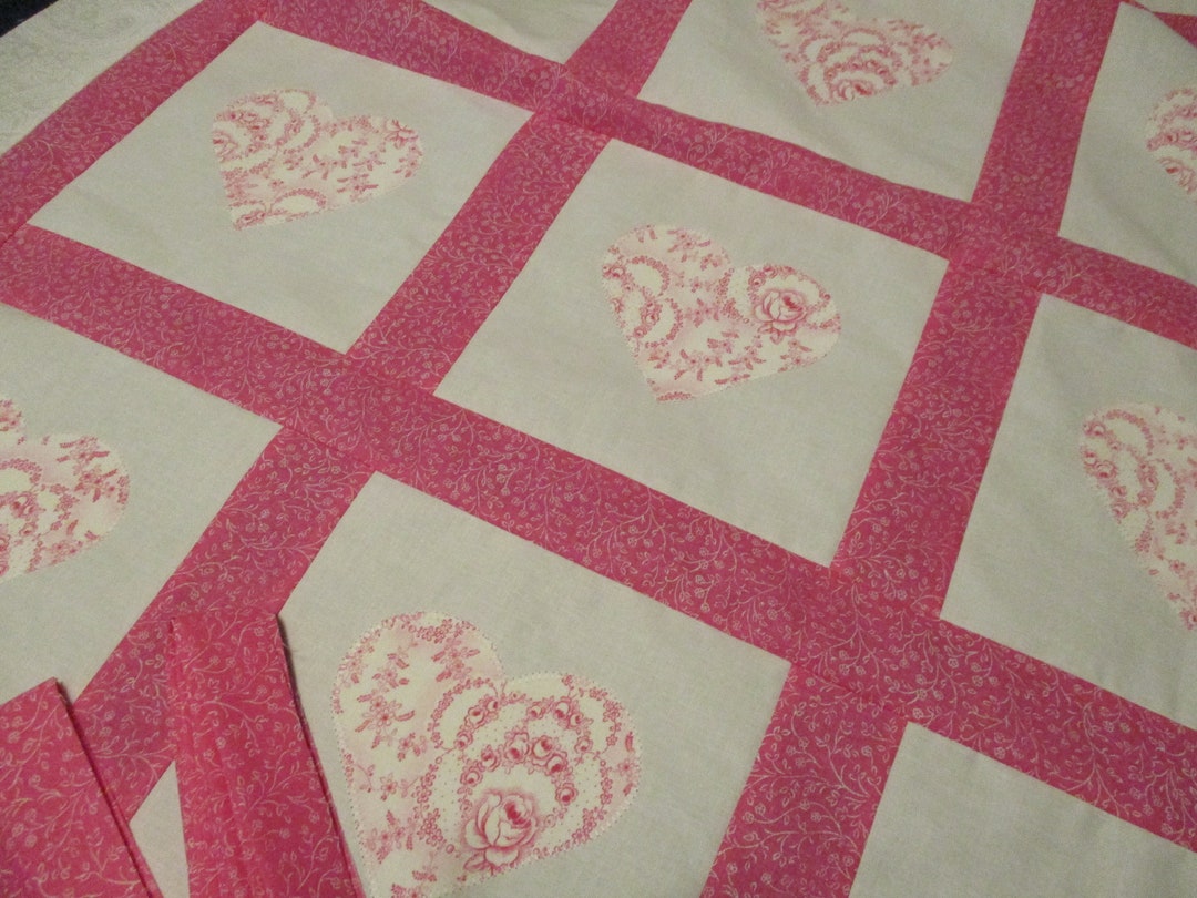 Unfinished Quilt Top Appliqued Quilt Top Vintage German Fabric Quilt Top Heart Quilt Top Quilt