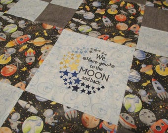 Edredón para bebé bordado con diseño de luna y espacio, patchwork de algodón (37 x 46)