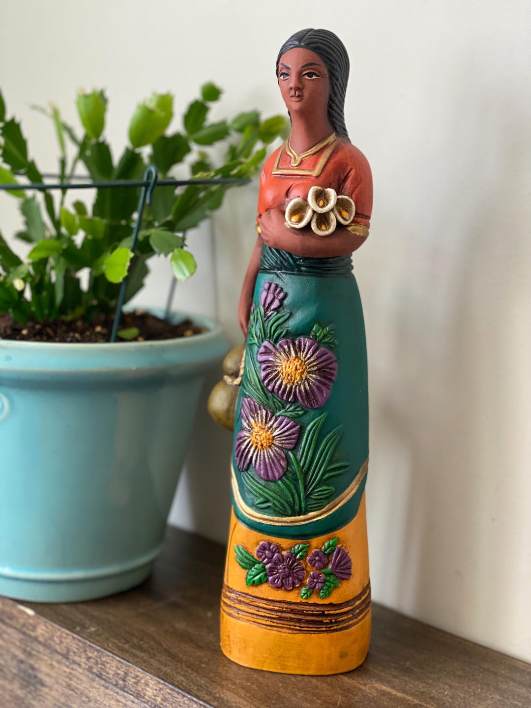 Hand-painted Terracotta Figurine: Vintage Folk Art Woman With Flowers ...