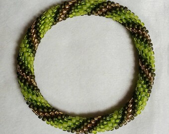 Old Greens Seed Bead Crochet Bangle - Ready to Ship