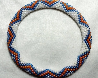 White, Blue and Orange Zigzag Thin Seed Bead Crochet Bangle - Ready to Ship