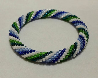 Tidal Blue Spiral Seed Bead Crochet Bangle - Ready to Ship