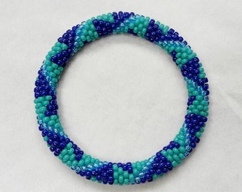 Blue and Turquoise Triangle Seed Bead Crochet Bangle - Ready to Ship