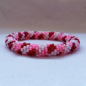 Red, Pink and White Patchwork Seed Bead Crochet Bangle - Ready to Ship