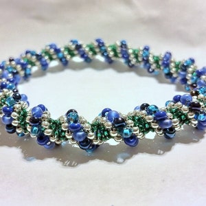 Blues and Green Cellini Spiral Seed Bead Bangle - Ready to Ship