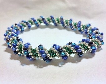 Blues and Green Cellini Spiral Seed Bead Bangle - Ready to Ship