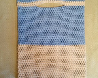 Tan and Blue Handle Crocheted Bag - Ready to Ship - Last One!