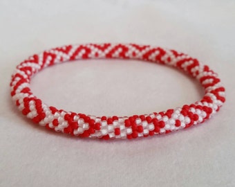 Red Hearts Thin Seed Bead Crochet Bangle - Ready to Ship