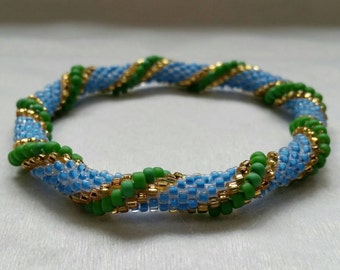 Blue and Green Textured Spiral Seed Bead Crochet Bangle - Ready to Ship