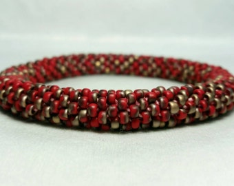 Red and Bronze Marbled Seed Bead Crochet Bangle - Ready to Ship - Last One!