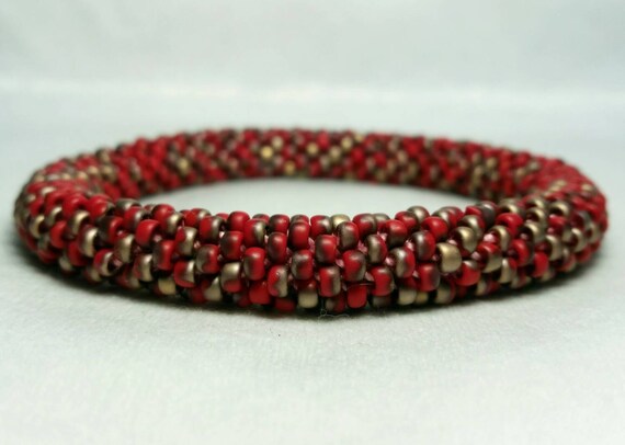 Red and Bronze Marbled Seed Bead Crochet Bangle Ready to Ship