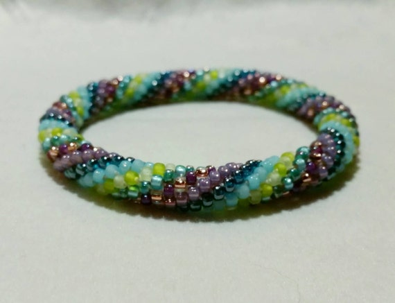 Watercolor Garden Spiral Seed Bead Crochet Bangle Ready to Ship