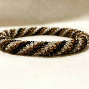 Silver, Brown and Black Spiral Seed Bead Crochet Bangle - Ready to Ship