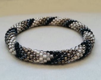 Grayscale V-Pattern Seed Bead Crochet Bangle - Ready to Ship