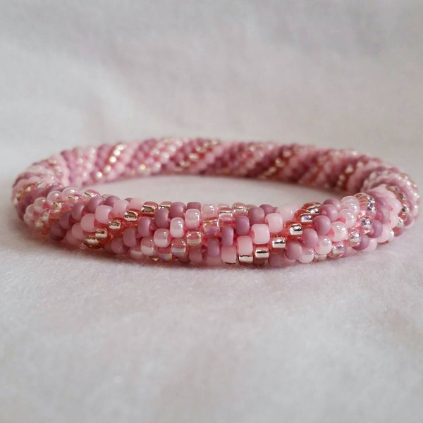 Pastel Pink Spiral Seed Bead Crochet Bangle - Ready to Ship