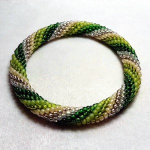 Green Spiral Seed Bead Crochet Bangle - Ready to Ship