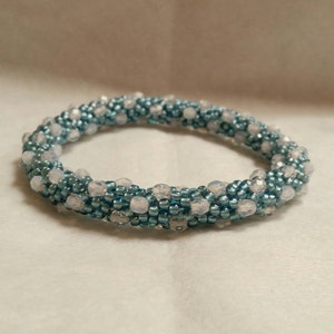 Blue and White Spiral Glass and Seed Bead Crochet Bangle - Ready to Ship
